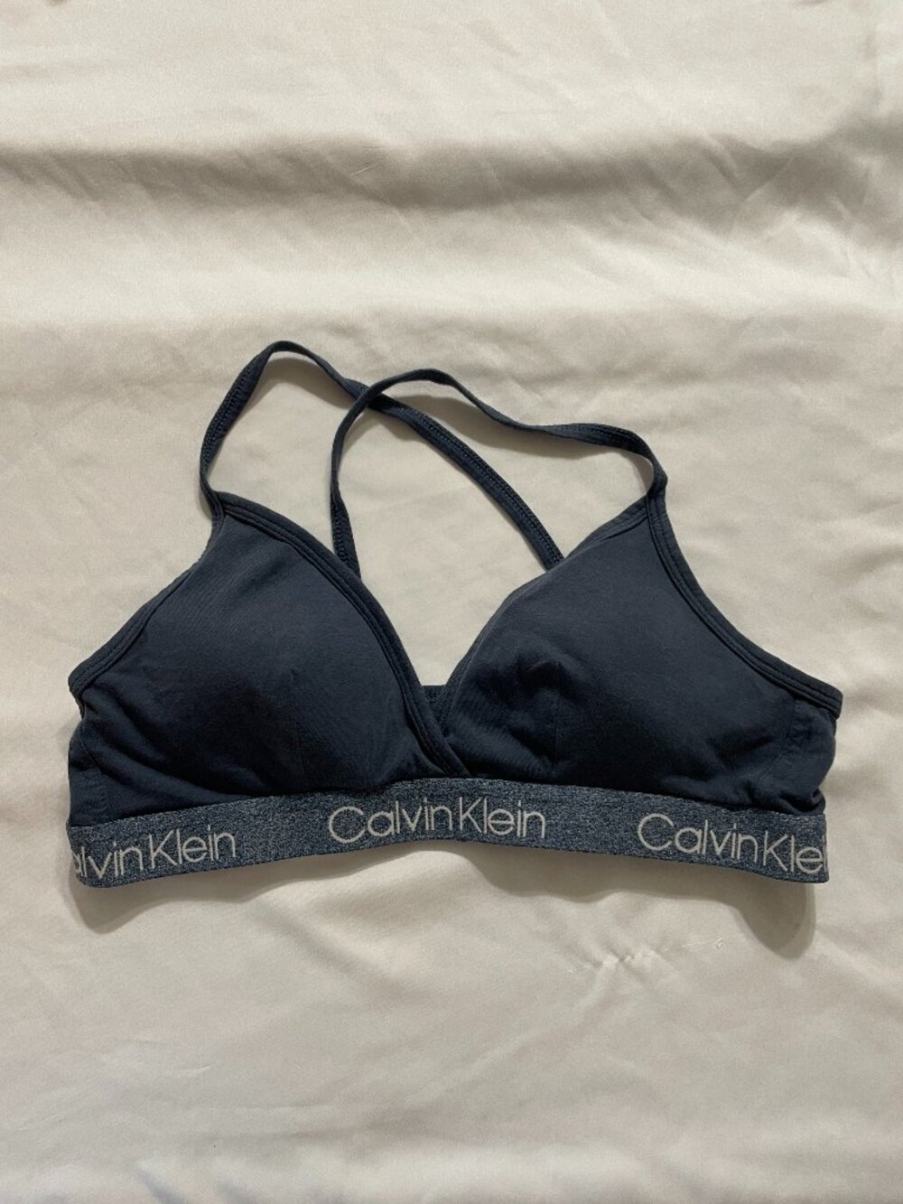 Calvin Klein Gray Bra with Logo Detail, Criss Cross Back Strap,  Size M